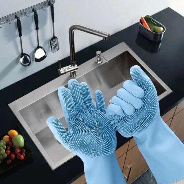 Silicone Dish Washing Gloves with Scrubber - Image 2