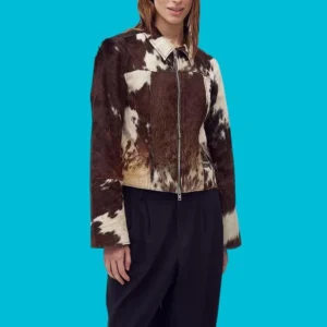 Women Cowhide Leather Jacket Brown White Hair On Hide Western Casual Wear